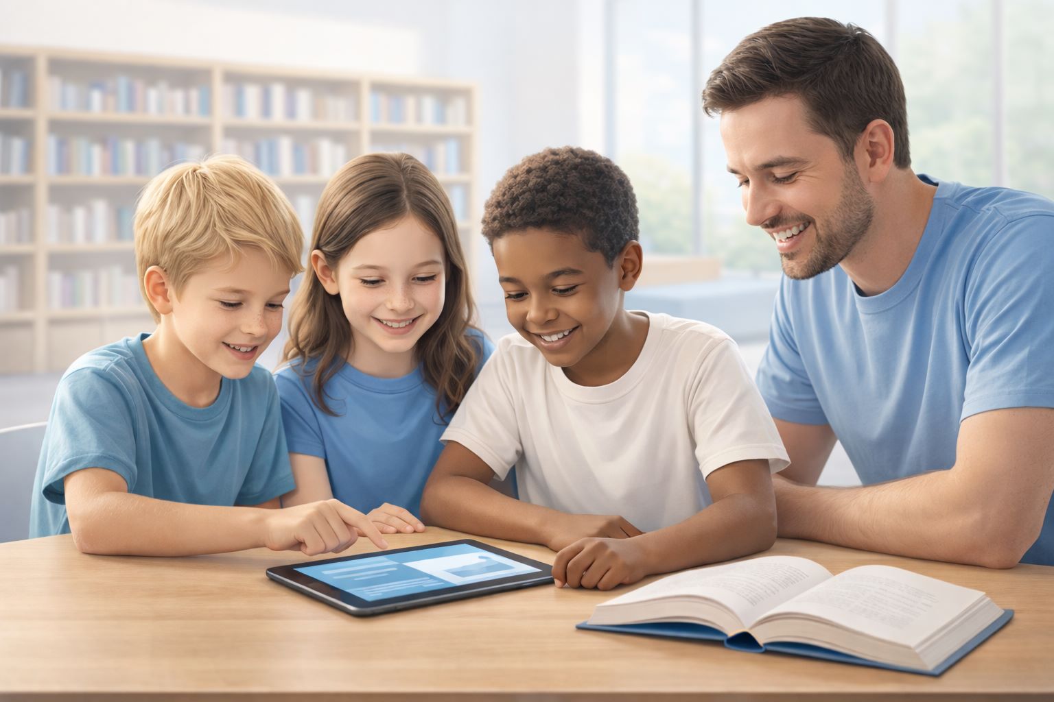Enfants utilisant une tablette avec accompagnement
